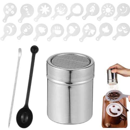 Edelstahl Puderzuckerstreuer,Schokoladenstreuer,Kakaostreuer für Cappuccino mit 16 Barista-Schablonen + Messlöffel + Barista Stift,Kaffeezubehör Werkzeuge für Kaffee Cappuccino Heiße Schokolade Edelstahl Puderzuckerstreuer,Schokoladenstreuer,Kakaostreuer für Cappuccino mit 16 Barista-Schablonen + Messlöffel + Barista Stift,Kaffeezubehör Werkzeuge für Kaffee Cappuccino Heiße Schokolade von Kiuiom