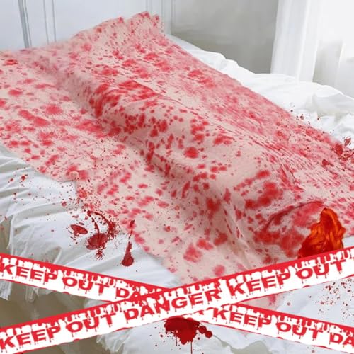 Halloween-Horror-Gaze Tuch,Blutiges gruseliges Tuch,Halloweendeko Stoff,Große Halloween-Blutdekorationen für den Innen- und Außenbereich,1.65 * 1m,mit 6m Warnband von Kiuiom