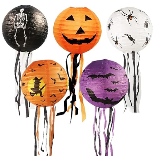 Papierlaternen mit Halloween Mustern,Skelett Kürbis Hexe Spinne Fledermaus Laternen,Halloween Papier Lampion,Hängende Rund Papierlaterne für Home Party Dekoration,5 Stück von Kiuiom