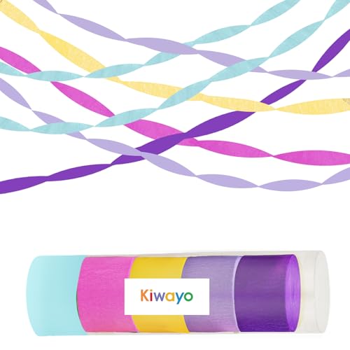 Kiwayo Papier-Luftschlangen, lila, blau und rosa, Party-Dekorationen (5 Rollen), Hot Pink, Blaugrün, Gelb, Lila, Krepppapier, Basteln für Geburtstagsparty-Dekoration von Kiwayo