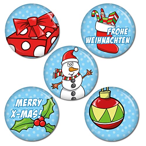Kiwikatze Button Schneeflocken Weihnachtsset (5 Buttons) 37 mm Ansteckbutton Geschenkanhänger zu Weihnachten an Geschenkpapier oder als Deko oder Mitbringsel von Kiwikatze