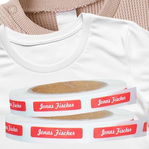 Kiwistar - 100 Namensschilder für Kleidung Rolle 6x1 cm - rot - Namensaufkleber Kinder Schule zum aufbügeln mit Bügeleisen - Wäscheetiketten zum aufbügeln - Wunschtext waschmaschinenfest von Kiwistar