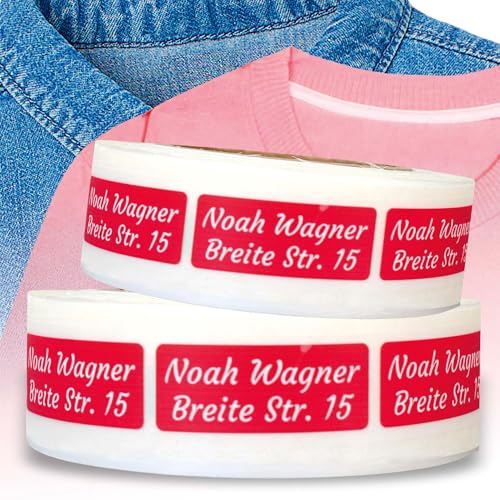 Kiwistar - 100 Namensschilder für Kleidung Rolle 5x2 cm - rot - Namensaufkleber Kinder Schule zum aufbügeln mit Bügeleisen - Wäscheetiketten zum aufbügeln - Wunschtext waschmaschinenfest von Kiwistar