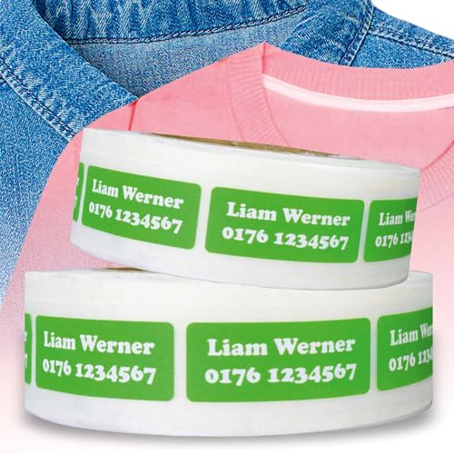 Kiwistar - 100 Namensschilder für Kleidung Rolle 5x3 cm - grün - Namensaufkleber Kinder Schule zum aufbügeln mit Bügeleisen - Wäscheetiketten zum aufbügeln - Wunschtext waschmaschinenfest von Kiwistar