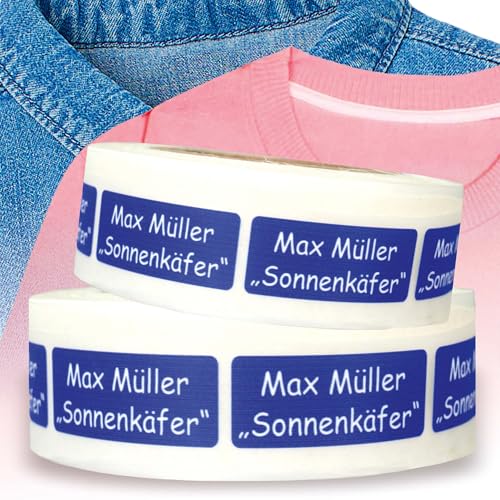 Kiwistar - 200 Namensschilder für Kleidung Rolle 5x2 cm - blau - Namensaufkleber Kinder Schule zum aufbügeln mit Bügeleisen - Wäscheetiketten zum aufbügeln - Wunschtext waschmaschinenfest von Kiwistar