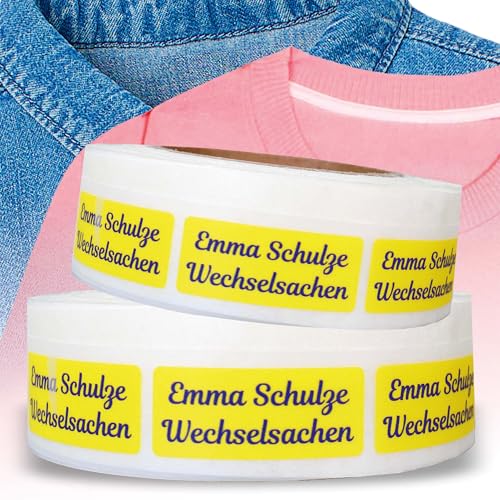Kiwistar - 200 Namensschilder für Kleidung Rolle 5x2 cm - gelb - Namensaufkleber Kinder Schule zum aufbügeln mit Bügeleisen - Wäscheetiketten zum aufbügeln - Wunschtext waschmaschinenfest von Kiwistar