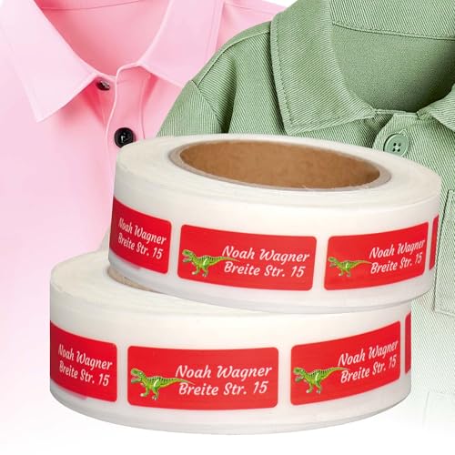 Kiwistar - Namensschilder für Kleidung Kinder personalisiert 5x2 cm Namensaufkleber Kinder Schule Kleidung mit Namen - Wäscheetiketten zum Aufbügeln - Dinosaurier - Rolle ab 100 Stück - Wunschtext von Kiwistar