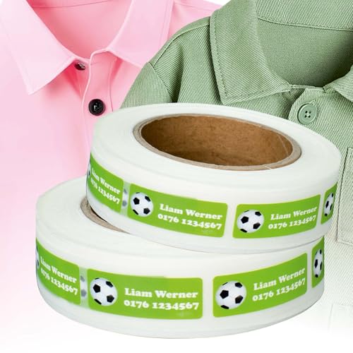 Kiwistar - Namensschilder für Kleidung Kinder personalisiert 5x2 cm Namensaufkleber Kinder Schule Kleidung mit Namen - Wäscheetiketten zum Aufbügeln - Fußball - Rolle ab 100 Stück - Wunschtext von Kiwistar