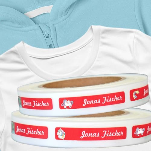 Kiwistar - Namensschilder für Kleidung Kinder personalisiert 6x1 cm Namensaufkleber Kinder Schule Kleidung mit Namen - Wäscheetiketten zum Aufbügeln - Einhorn - Rolle ab 100 Stück - Wunschtext von Kiwistar