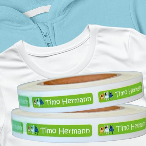 Kiwistar - Namensschilder für Kleidung Kinder personalisiert 8x1 cm Namensaufkleber Kinder Schule Kleidung mit Namen - Wäscheetiketten zum Aufbügeln - Hunde - Rolle ab 100 Stück - Wunschtext von Kiwistar