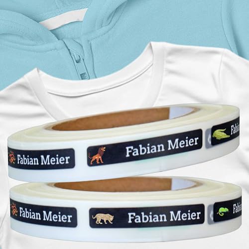 Kiwistar - Namensschilder für Kleidung Kinder personalisiert 8x1 cm Namensaufkleber Kinder Schule Kleidung mit Namen - Wäscheetiketten zum Aufbügeln - Wildtiere - Rolle ab 100 Stück - Wunschtext von Kiwistar