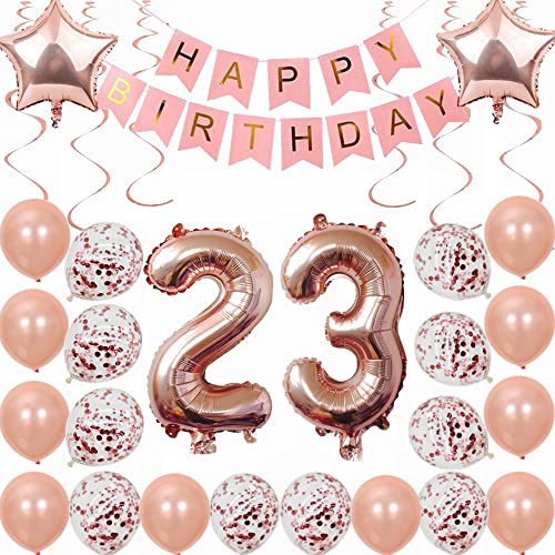 Kiwochy 23. Geburtstag Dekoration Rosegold Deko 23. Geburtstag Frauen Männer Party Deko Set 23 Geburtstag Frauen Deko Geschenk 23 jahre Geburtstag deko Ballon 23 Geburtstag Frauen 23 jahre von Kiwochy