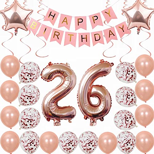 Kiwochy 26. Geburtstag Dekoration Rosegold Deko 26. Geburtstag Frauen Männer Party Deko Set 26 Geburtstag Frauen Deko Geschenk 26 jahre Geburtstag deko Ballon 26 Geburtstag Frauen 26 jahre von Kiwochy