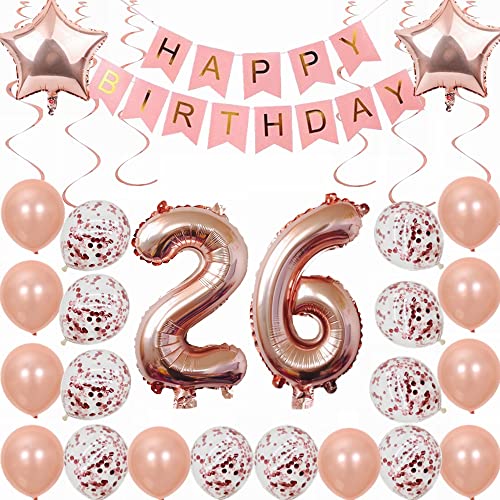 Kiwochy 26. Geburtstag Dekoration Rosegold Deko 26. Geburtstag Frauen Männer Party Deko Set 26 Geburtstag Frauen Deko Geschenk 26 jahre Geburtstag deko Ballon 26 Geburtstag Frauen 26 jahre von Kiwochy