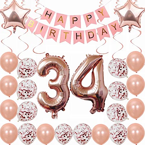 Kiwochy 34. Geburtstag Dekoration Rosegold Deko 34. Geburtstag Frauen Männer Party Deko Set 34 Geburtstag Frauen Deko Geschenk 34 jahre Geburtstag deko Ballon 34 Geburtstag Frauen 34 jahre Frauen von Kiwochy