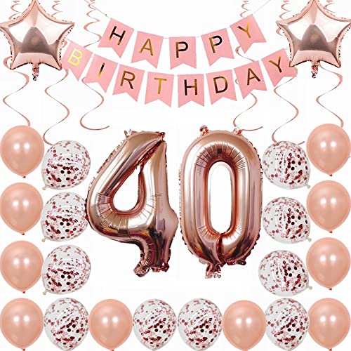 Kiwochy 40. Geburtstag Dekoration Rosegold Deko 40. Geburtstag Frauen Männer Party Deko Set 40 Geburtstag Frauen Deko Geschenk 40 jahre Geburtstag deko Ballon 40 Geburtstag Frauen 40 jahre Frauen von Kiwochy