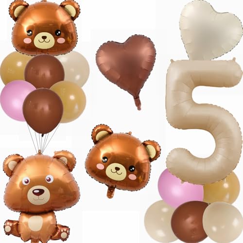 Kiwochy Bären Ballons 5. Creme Geburtstagsdeko 5 Jahr Junge Mädchen Bär Folienballon Deko 5. Geburtstag Mädchen Dschungel Deko 5 Geburtstag für Safari Geburtstagsdeko 5 Jahre Kindergeburtstag Deko von Kiwochy