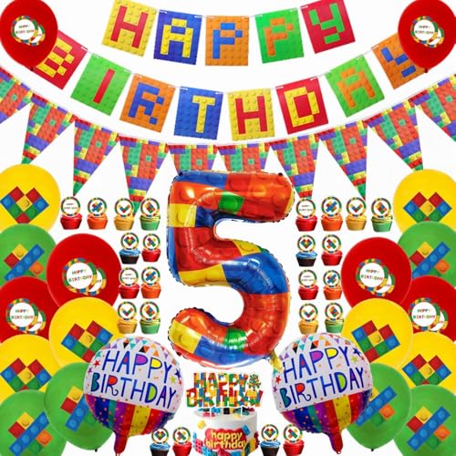 Kiwochy Bausteine Thema Geburtstag Party Deko 5. Geburtstag Baustein Party Deko Bausteine Happy Birthday Banner Zahl 5 Folienballon Baustein Luftballons Bausteine Kuchen Topper für Jungen Mädchen von Kiwochy