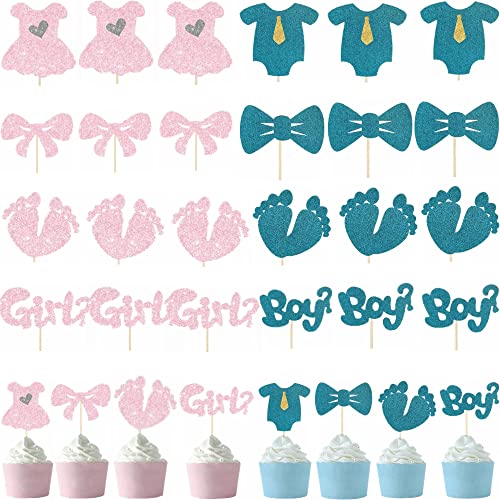 Kiwochy Junge oder Mädchen Cupcake Topper Glitzer Kuchen Topper Dekorationen Baby Shower Photo Booth Junge/Mädchen mit 8 Formen Baby Shower Props Party Zubehör for Baby Gender Reveal Party 24 Stück von Kiwochy