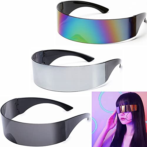 Kiwochy Schnelle Brille Futuristische Schmale Brille 3 Stk Farbiger+Silber+Schwarz Herren Damen Fun Glasses Space Brille Alien Brillen für Weihnachten Karneval Festivals Rollenspiel Halloween Brillen von Kiwochy