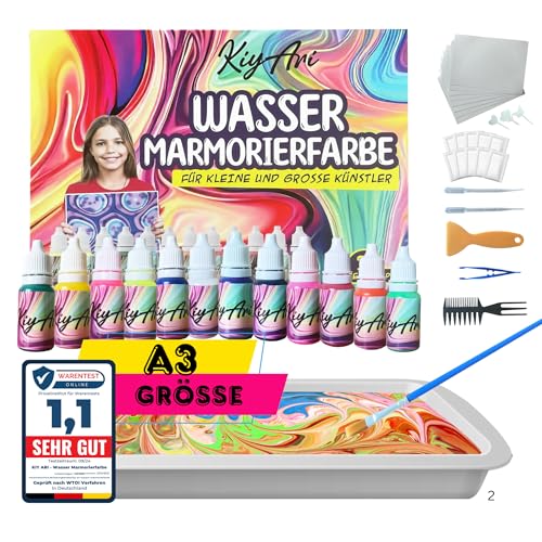 KiyAri Wasser-Marmorierfarben-Set – 12 intensive Farben+10 A3-Blätter – Bastelsets Für Jungs & Mädchen ab 6 Jahren – Malen auf Wasser & Kunstwerke schaffen – Geschenk für Kinder & Erwachsene von KiyAri