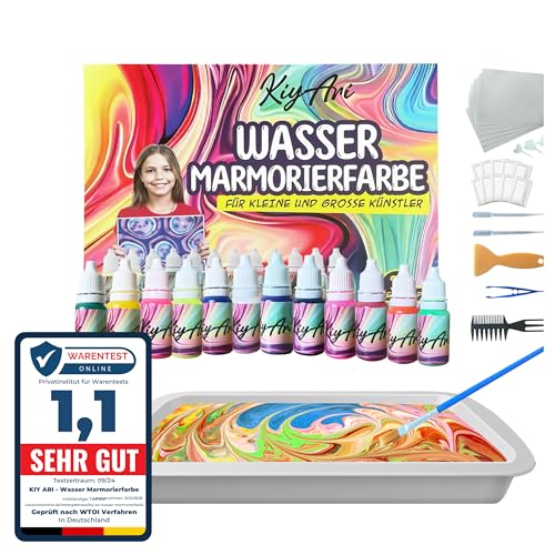 KiyAri Wasser-Marmorierfarben-Set – 12 intensive Farben + 10 A4-Blätter – Bastelset Für Jungs & Mädchen ab 6 Jahren – Malen auf Wasser & Kunstwerke schaffen – Geschenk für Kinder & Erwachsene KiyAri Wasser-Marmorierfarben-Set – 12 intensive Farben + 10 A4-Blätter – Bastelset Für Jungs & Mädchen ab 6 Jahren – Malen auf Wasser & Kunstwerke schaffen – Geschenk für Kinder & Erwachsene von KiyAri