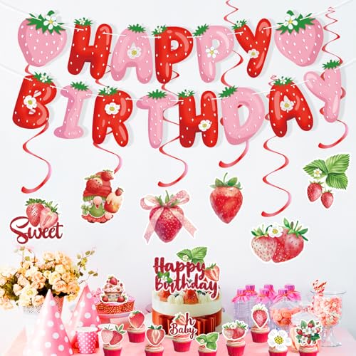 Kiyanest Erdbeer-Geburtstagsdeko – Inkl. 1 Banner, 1 Kuchentopper & 6 Hängespiralen – Niedliche Party-Deko für Mädchen & Kinder von Kiyanest