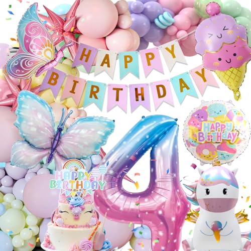 4 Jahre Geburtstagsdeko Mädchen, Deko Luftballons Kindergeburtstag, Einhorn Kindergeburtstag Deko, 4 Jahre Happy Birthday Deko, Einhorn Krapfen Schmetterling Folienballon Geburtstag Deko für Mädchen von Kiyiusan