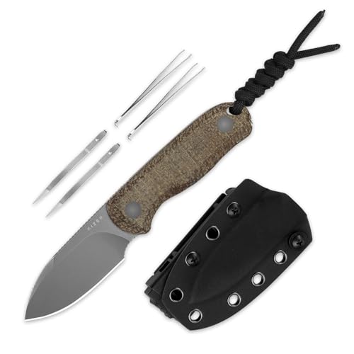 Kizer Drop Bear Fix Feststehendes Messer, 2,57" Graue Stonewash 14C28N Klinge, EDC Camping Messer mit Braunem Micarta-Griff aus Sackleinen, Vollerl-Jagdmesser mit Verstellbarer Kydex Scheide, 1094A1 von Kizer