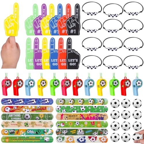 Kklolai 60 Stück Fußball-Partyzubehör inklusive Fußball-Armband, Mini-Fußballbälle, Fußballpfeifen, Schaumstoff-Finger-Finger-Partytüten, Füllstoffe für Fußball-Party-Dekorationen von Kklolai