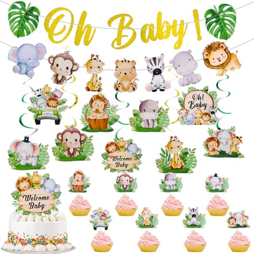 Kklolai Dschungel-Babyparty-Dekorationen, Großpackung Dschungeltiere, hängende Wirbel, Willkommens-Baby-Kuchenaufsätze, Oh Baby-Banner, Geschlechtsoffenbarung, Partyzubehör für Jungen und Mädchen von Kklolai