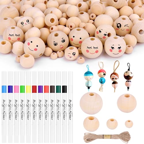Kkluno 200 Stück Holzkugeln mit Loch 8-25mm, Holzperlen zum Auffädeln mit Bastelseilen, DIY Runde Holzperlen mit 12 Malstift und Meter Hanfseil, Perlen Holz für basteln Schmuck Armband Halskette Kkluno 200 Stück Holzkugeln mit Loch 8-25mm, Holzperlen zum Auffädeln mit Bastelseilen, DIY Runde Holzperlen mit 12 Malstift und Meter Hanfseil, Perlen Holz für basteln Schmuck Armband Halskette von Kkluno
