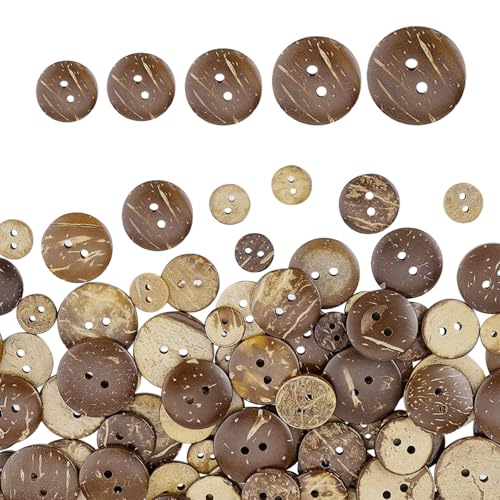 100 Stück Kokosnuss Knöpfe, Runde Vintage Holz Knöpfe mit 2 Löcher, Natürliche Holzknöpfe zum Aufnähen, 5 Größen Nähen HolzKnöpfe für DIY Nähen Bastel Geschenk Deko(10/12.5/15/20/25mm) von KkvoGmle