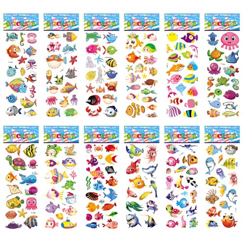 12 Blatt 3D Meerestiere Aufkleber, Kinder Cartoon Fische Puffy Sticker, 3D Ozean Tier Sticker Set, Verschiedenen Unterwasserwelt Tropische Fische Aufkleber, für Jungen Mädchen Geburtstag Dekoration von KkvoGmle
