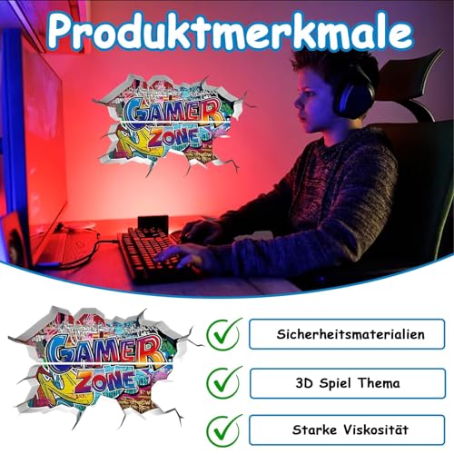 3D Wandtattoo Gamer, Game Wandaufkleber Kinderzimmer Jungen, Graffiti Gamer Poster, Gaming Wandbild für Schlafzimmer Spielzimmer Wanddeko, Videospiel Wandstikcer Jugendzimmer Deko Geschenk(90x57cm) von KkvoGmle
