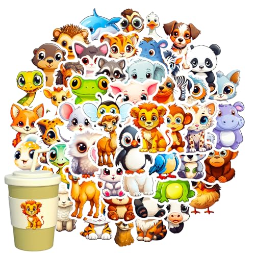 50 Stück Tiere Sticker Set, Lustige Aufkleber Tiere Mit Großen Augen, Lustige Cartoon Tiere Aufkleber, PP Niedliche Sticker für Kinder, Wasserflaschen, Fahrrad, Koffer, Scrapbooking, DIY Deko(4-5 CM) von KkvoGmle