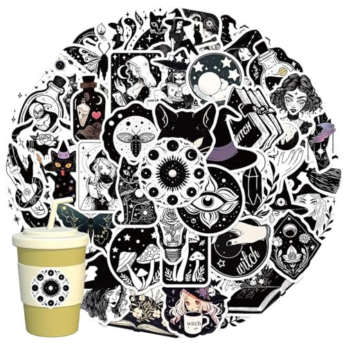 52 Stück Hexe Sticker, Vintage Schwarz Weiß Sticker Set, Zauberbuch Mond Aufkleber, Wasserfest Graffiti Aufkleber für Laptop, Skateboard, Koffer, Helm, Fahrrad, Telefon, Motorrad von KkvoGmle