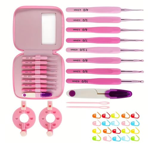 Häkelnadel-Set mit weichem Gummigriff, Aluminium, 2,0 mm - 6 mm, für Anfänger, inklusive Aufbewahrungstasche und Strickzubehör, Häkelnadel-Set mit Nähmarkern, 9 Stück von Klaisy