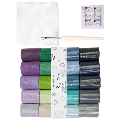 Klaisy Teppichherstellungszubehör mit 20 Farben Acrylgarn, Netzstoff, Knüpfhaken, Häkelnadel für Stickerei, Basteln, Teppich, Haken, Acrylgarn von Klaisy