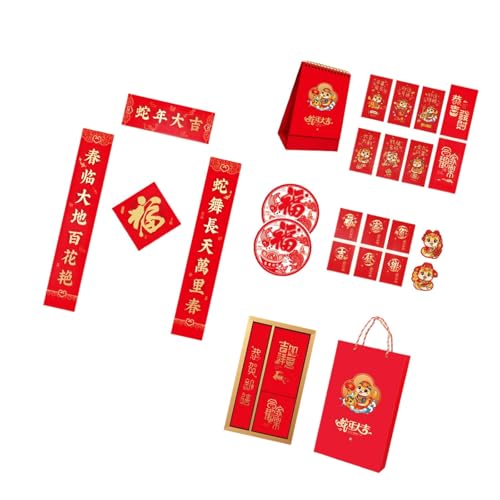 Traditionelles chinesisches Neujahrsdekor-Set mit Schlangenmotiven, Geldumschlägen und Glücks-Charakter-Symbol von Klaisy