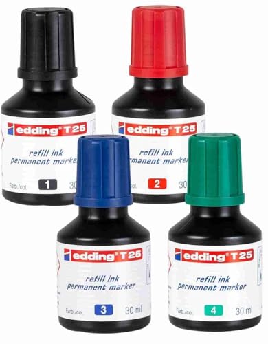 Nachfülltinte mit Tropfendosierer T25 4x30ml Schwarz, Rot, Blau, Grün - geeignet für das schnelle Nachfüllen diverser edding Permanentmarker, wasserfest, permanent, Refill, ink, kinderleicht von KLAMOTTEN STORE