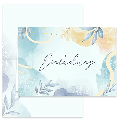 10x Einladungskarten Blau Aquarell mit Umschlägen Klappkarten Einladung Party Geburtstag Umschläge elegant Hochzeit Jubileum 20 30 40 50 60 70 80 Blätter Vintage von Klasse