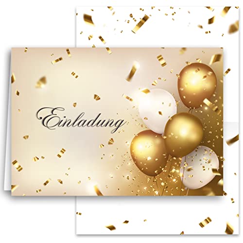 10x Einladungskarten Gold Luftballons mit passenden Umschlägen Klappkarten Einladung Erwachsene Party Geburtstag Umschläge elegant Hochzeit Jubiläum 20 30 40 50 60 70 80 90 Luftballon von Klasse