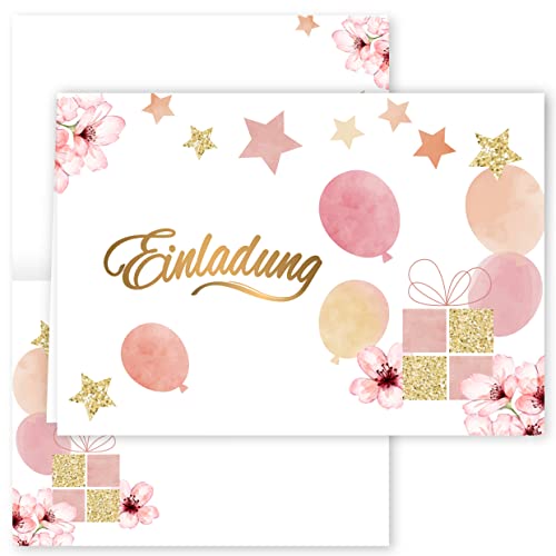 10x Einladungskarten Rosen Gold Aquarell mit Umschlägen Klappkarten Einladung Party Geburtstag Umschläge elegant Hochzeit Jubileum 20 30 40 50 60 70 80 Luftballons Blumen Glitzer von Klasse