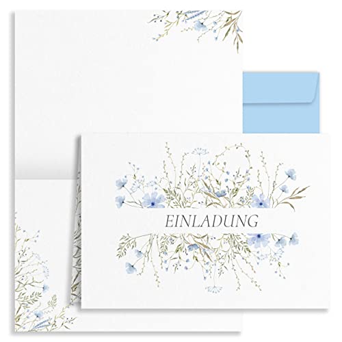 10x Einladungskarten zarte Blümchen Blau Aquarell mit Umschlägen Klappkarten Einladung Party Geburtstag Umschläge elegant Hochzeit Jubileum 20 30 40 50 60 70 80 Blätter Vintage von Klasse