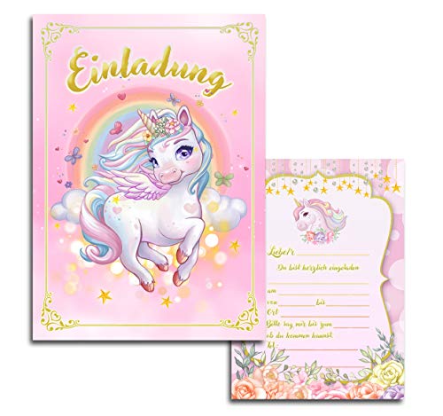 10x Kinder Einladungskarten Einladung Kindergeburtstag Mädchen Einhorn Unicorn Pegasus Geburtstag Rosa Blumen Rosen10x15 cm Party Kinder Einschulung Taufe Kommunion von E&G Klasse