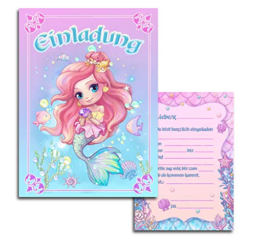 10x Kinder Einladungskarten Einladung Kindergeburtstag Meerjungfrau Unterwasser Mädchen 10x15 cm Mermaid Pastell Lila Blau Rosa Party Geburtstag Einschulung Taufe Kommunion von Klasse