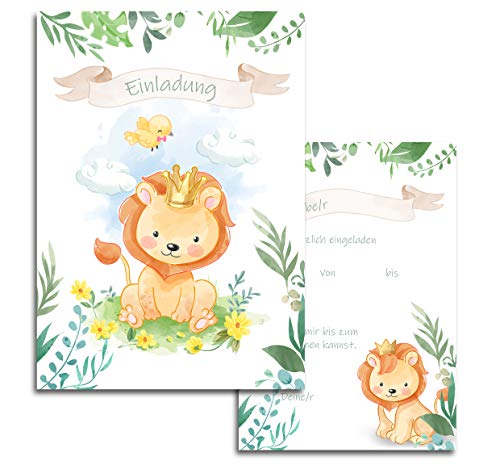 10x Kinder Einladungskarten Kindergeburtstag Löwe Mädchen Jungen 10x15 cm Party Geburtstag Taufe Einladung Prinz Dschungel Tiere Grün Beige von Klasse