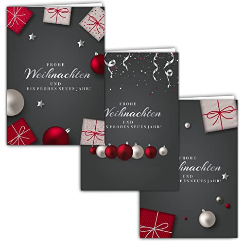 12 Weihnachtskarten Set Klappkarten A6 mit Umschlägen Karte Karten Umschlag glanz Frohe Weihnachten Merry Christmas xmas grau rot schwarz Kugel Geschenk Weihnachtsgrüße von Klasse