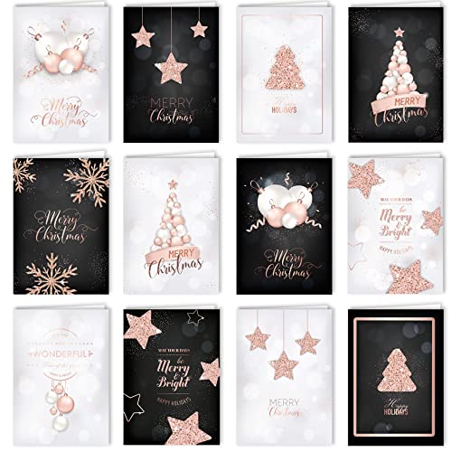 12 Weihnachtskarten Set Klappkarten mit Umschlägen Karte glanz Frohe Weihnachten Merry Christmas xmas Rosa Rose schwarz weiß Glitzer Sterne Weihnachtsbaum Kugel Schneeflocke Geschenk von Klasse